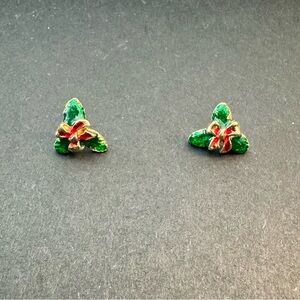 Vintage Christmas Holly Leaf Stud Earrings Green Red Enamel Gold Tone Holiday